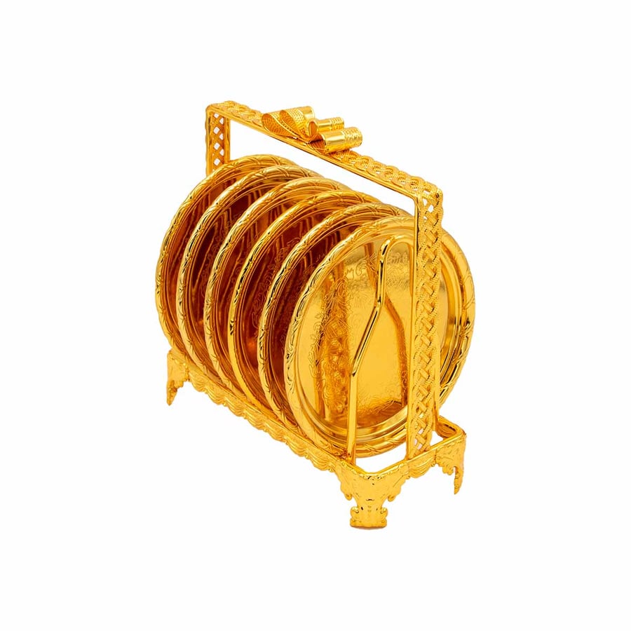 Golden serving plate stand with engraving + 6 decorated plates