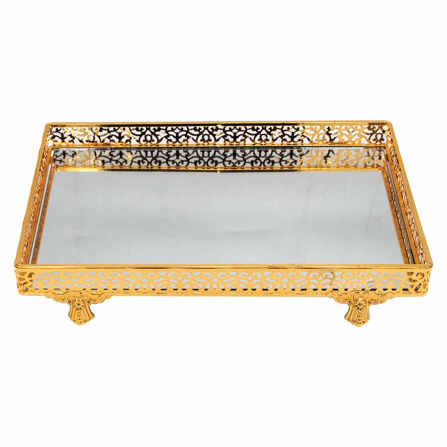 Rectangular serving tray with mirror, decorated golden base, 34*22 cm