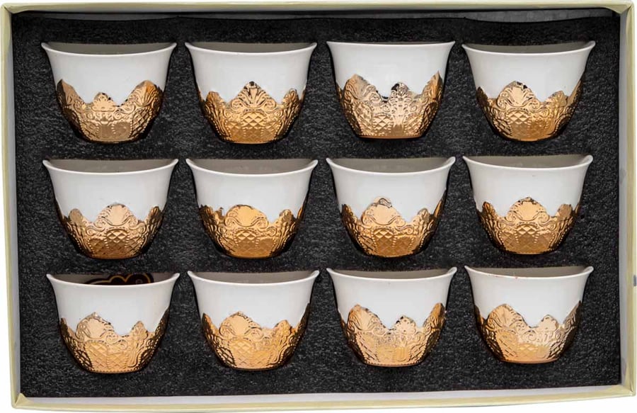 A set of white decorated coffee cups with a gold base, 12 pieces