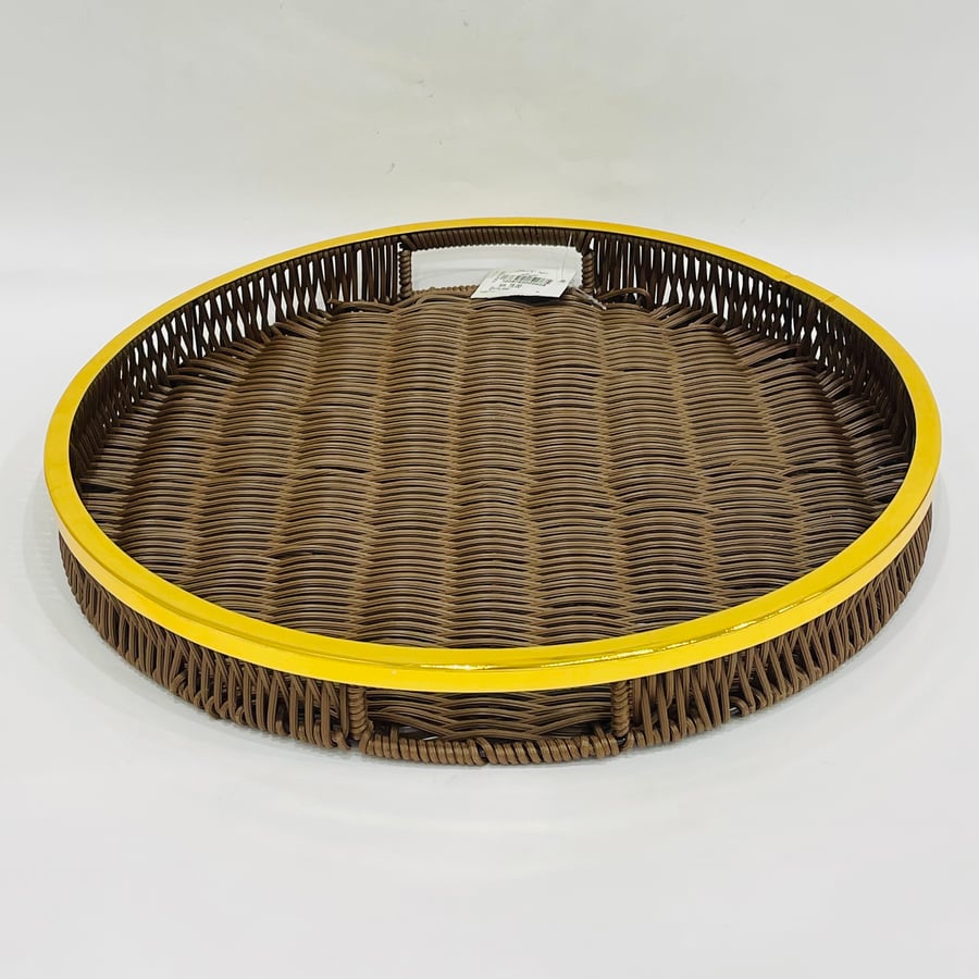 Round brown ceramic serving tray with gold-colored metal edges, 38 cm size