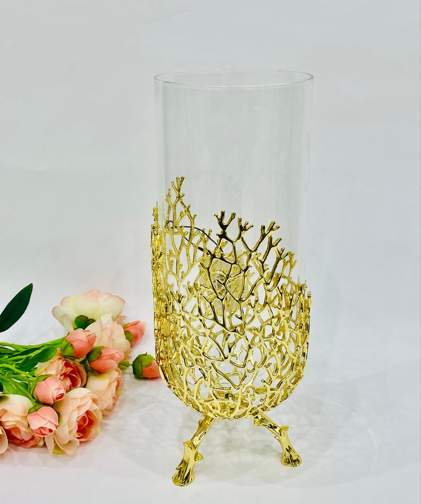Transparent glass vase with gold stand, height 33 cm