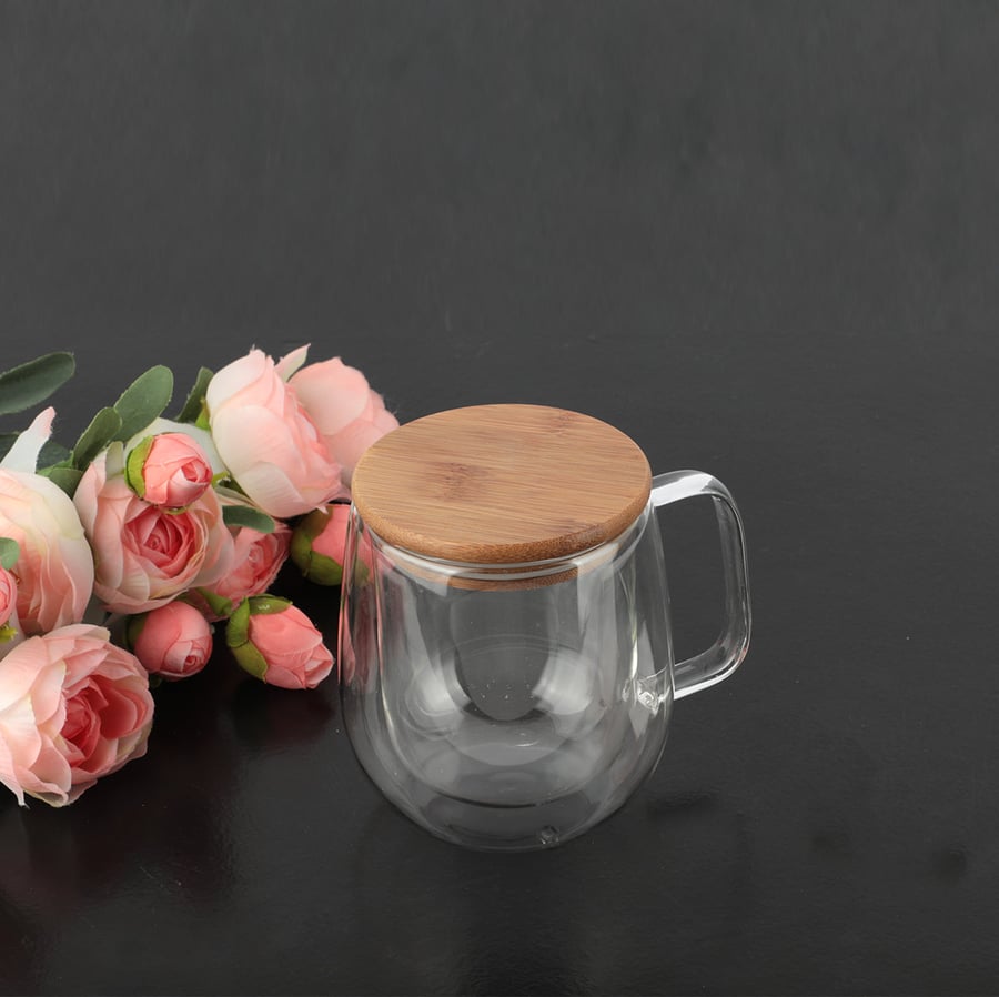Double glass cup with wooden lid 400ml