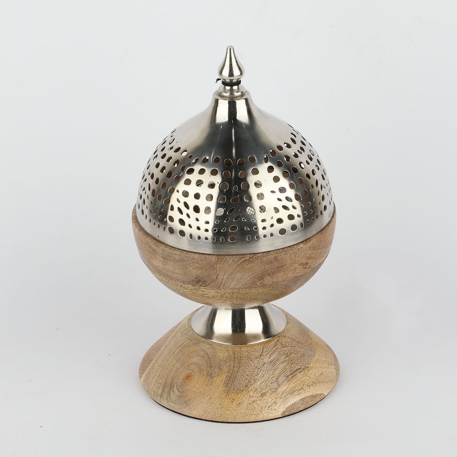 Indian wood incense burner with metal lid