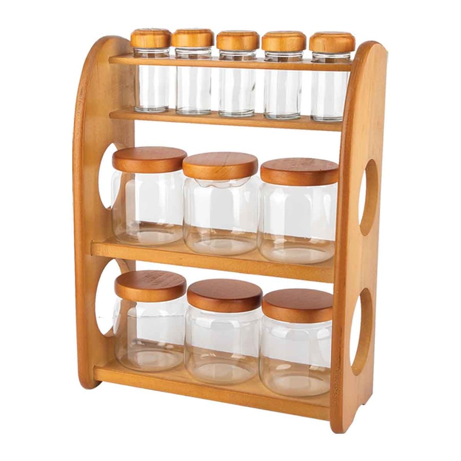 Round spice set, standard, wooden stand, wooden lid, 12 pieces