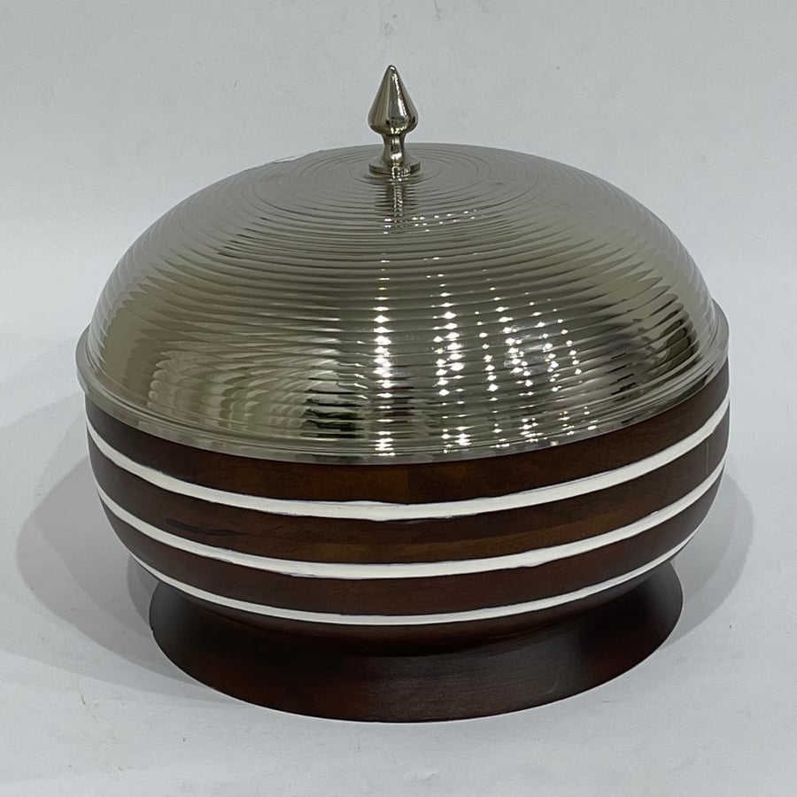 Wooden food container with a base and stainless steel with a silver lid 28 cm
