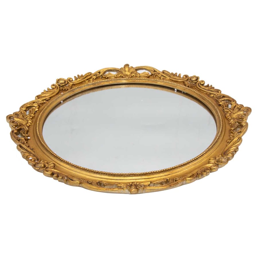 Golden decorative round tray with mirror, 15 inch