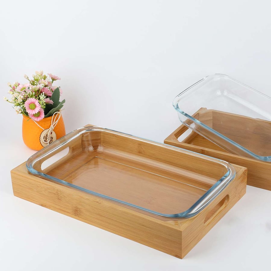 Glass tray with wooden base, size 35*22 cm