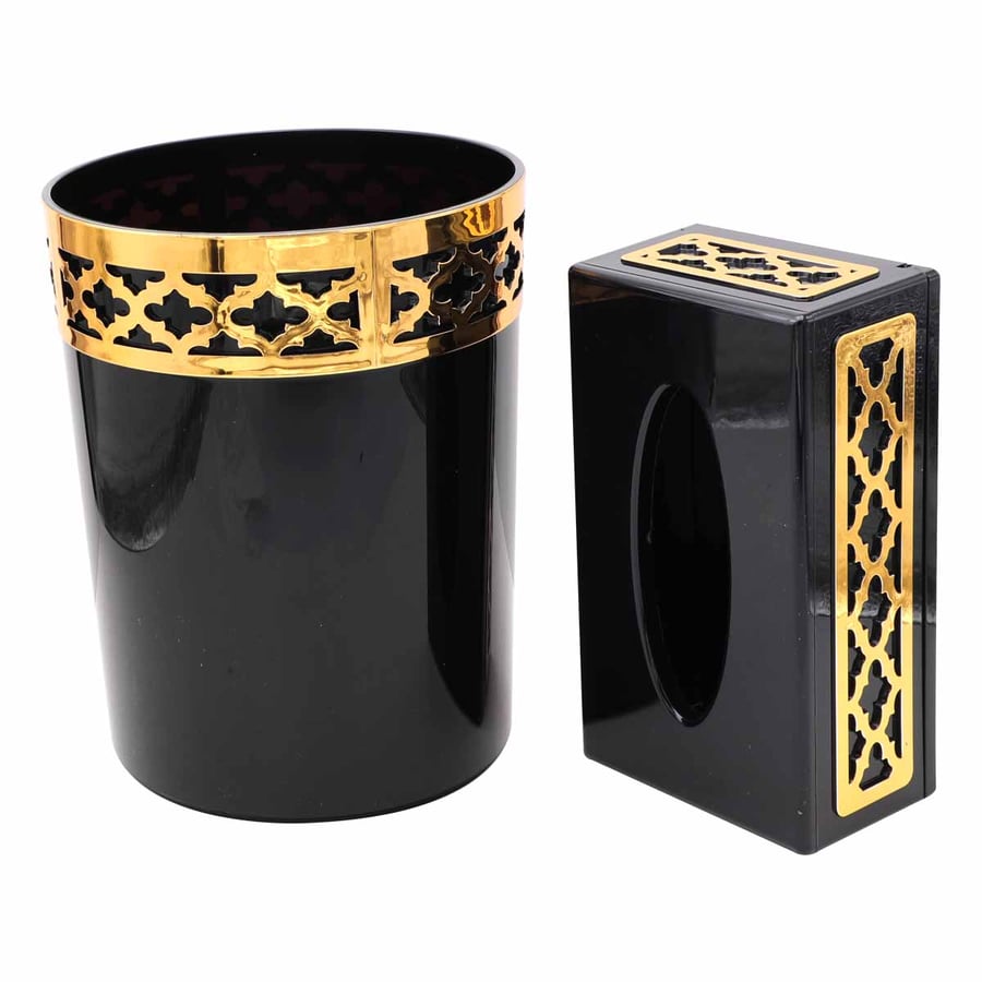 Round acrylic trash bin set black silver / gold + tissue box