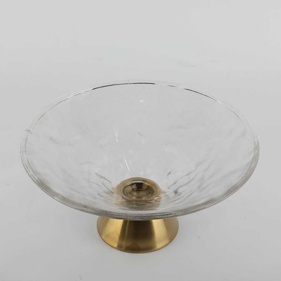 Transparent glass fruit plate, ice, with a gold steel base, 25 cm size
