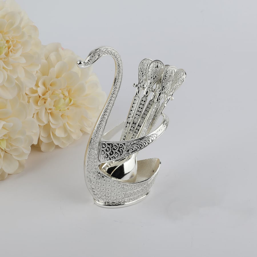 حامل ملاعق حلا بطة فضي مع 6 ملاعق ارتفاع 15سم
