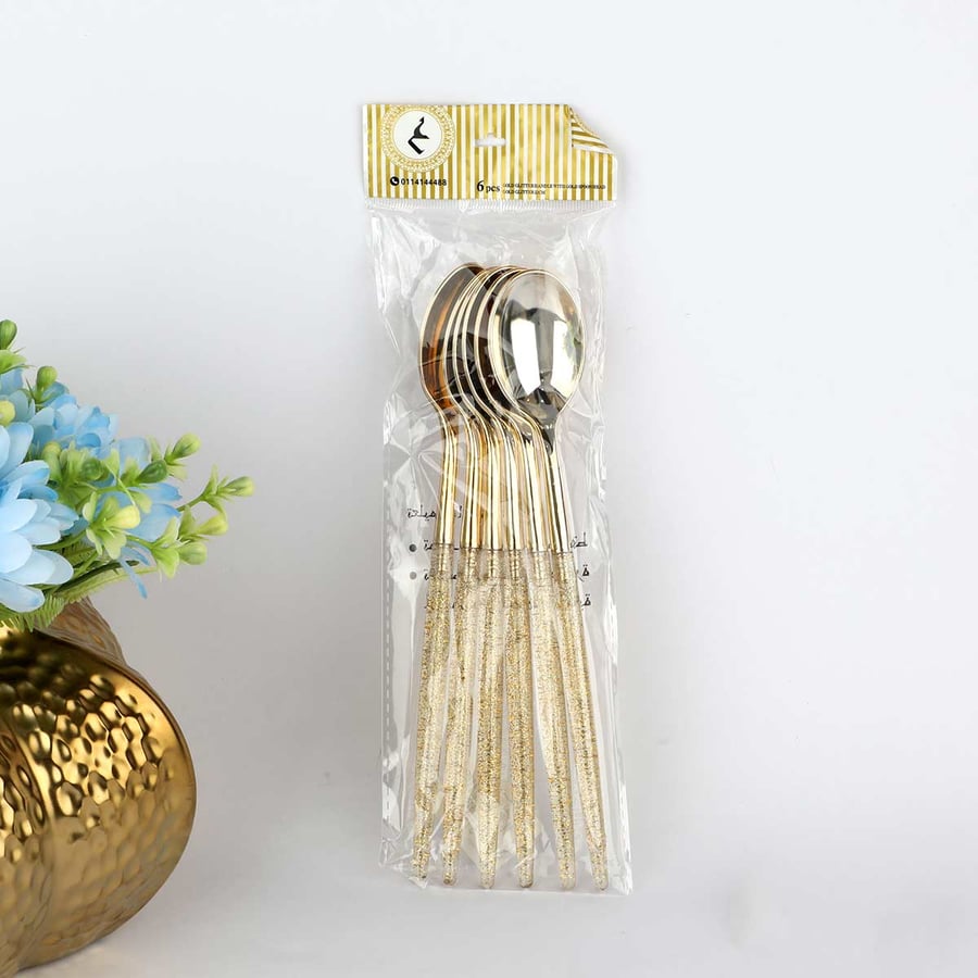 Golden plastic spoons 22 cm 6 pieces transparent handle