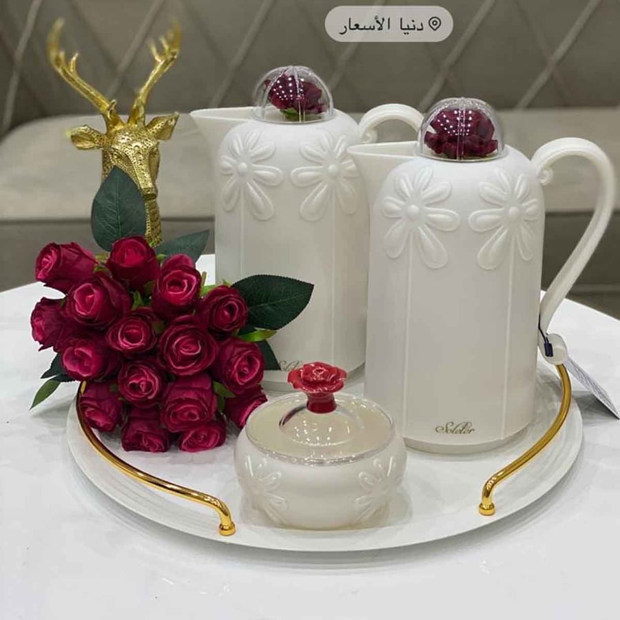 طقم جوري ابيض 2 ترمس+تمرية+صينية دائري
