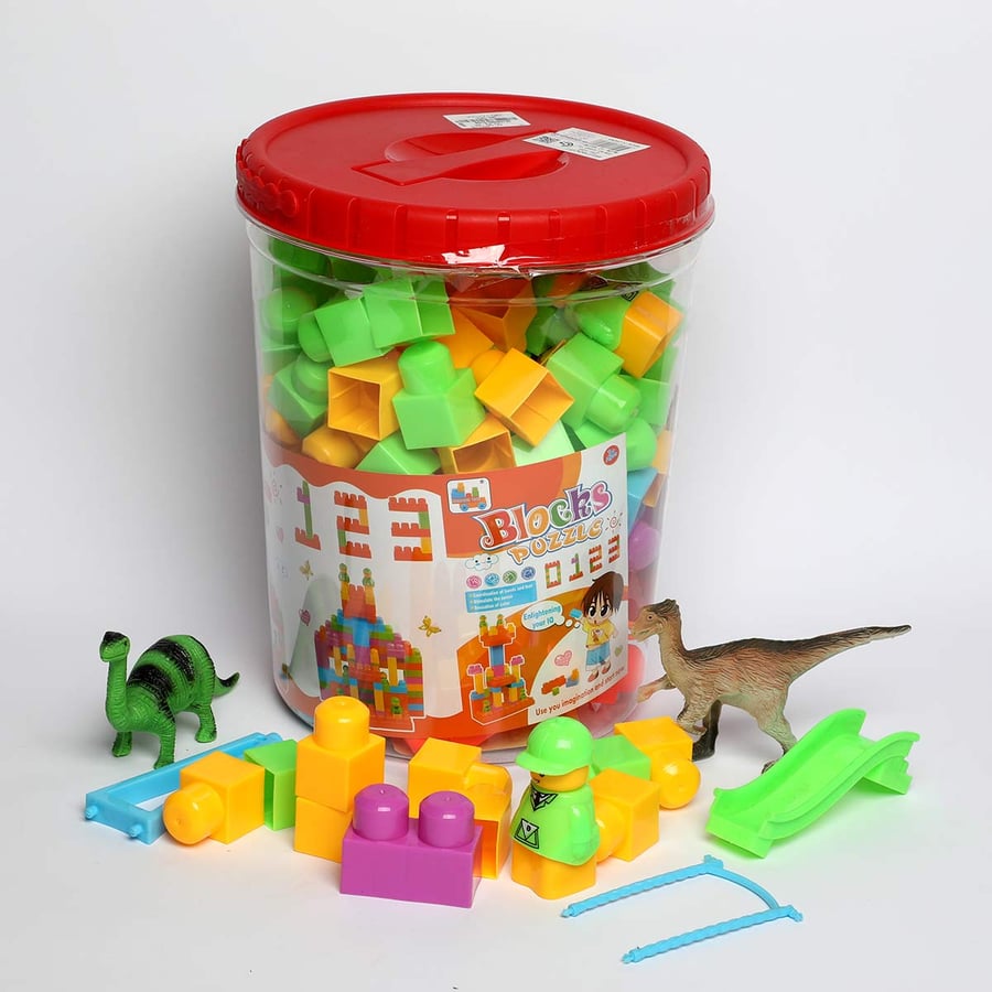 Building block game with a middle bucket + sticker