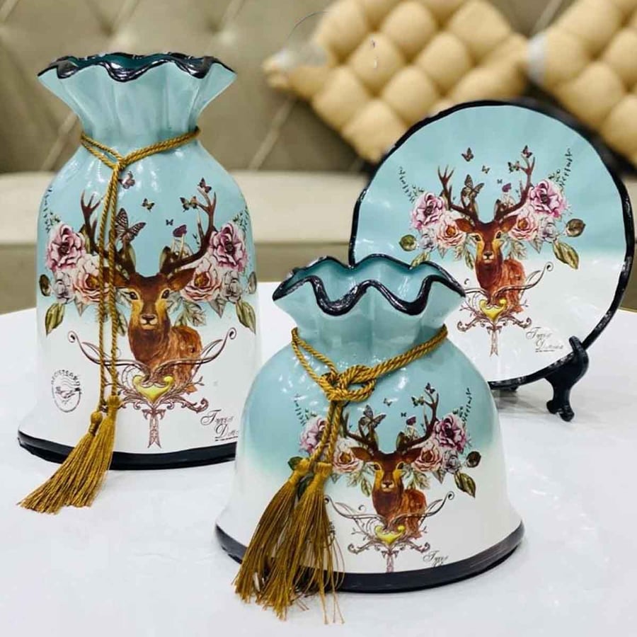 Ceramic vase set with decorated plate 3 pieces