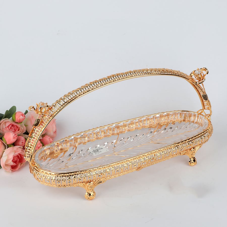 Glass dessert tray with gold steel, rectangular, size 42*16 cm