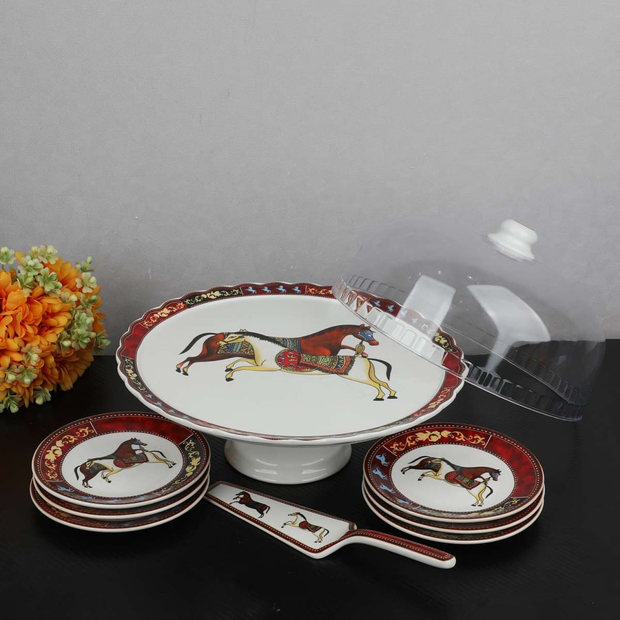 Ceramic cake plate with transparent cover, with 6 small plates and a cake spoon