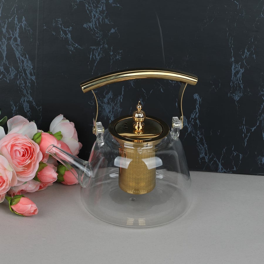 Transparent glass pitcher with golden steel handle and strainer 1000ml