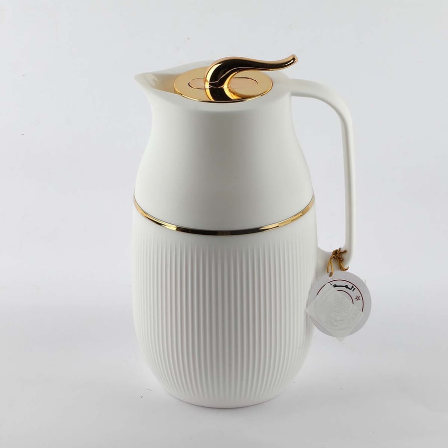 Al-Mutairi thermos, white color with gold line, 1.0 liter