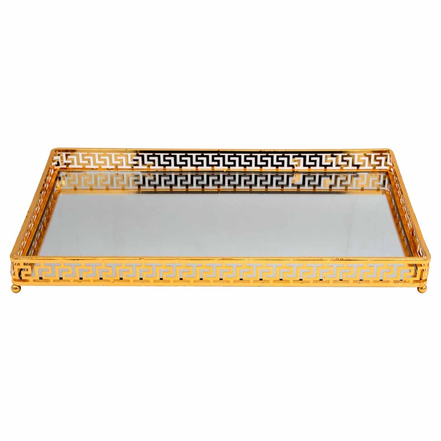 Rectangular serving tray with mirror, decorated golden base, 34*22 cm