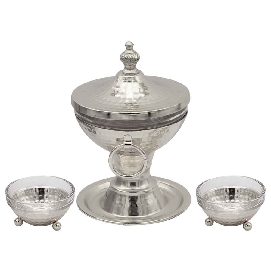 Silver steel date tray with cover and 2 Nouh plates, size 14*14 cm