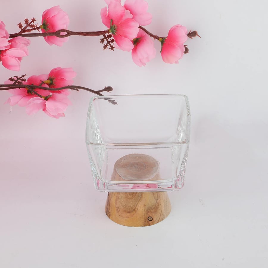 Square glass date palm with wooden base size 9 * 9 cm