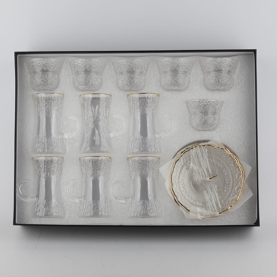 Set of cups + plates + glasses for cold drinks with gold line 18 pieces