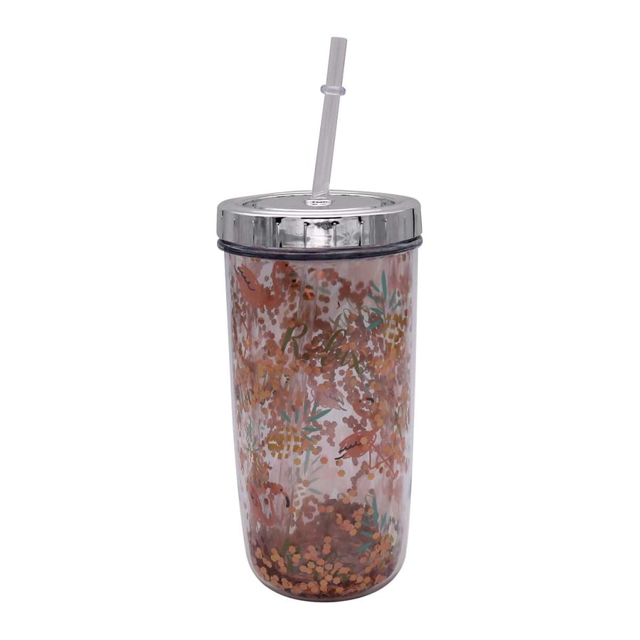 A multi-colored plastic juice cup