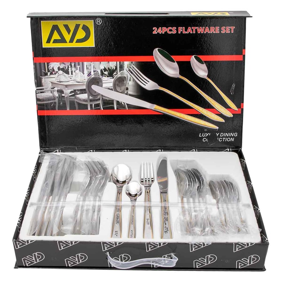 Gold spoon, fork, and knife bag with silver 24 pieces luxurious