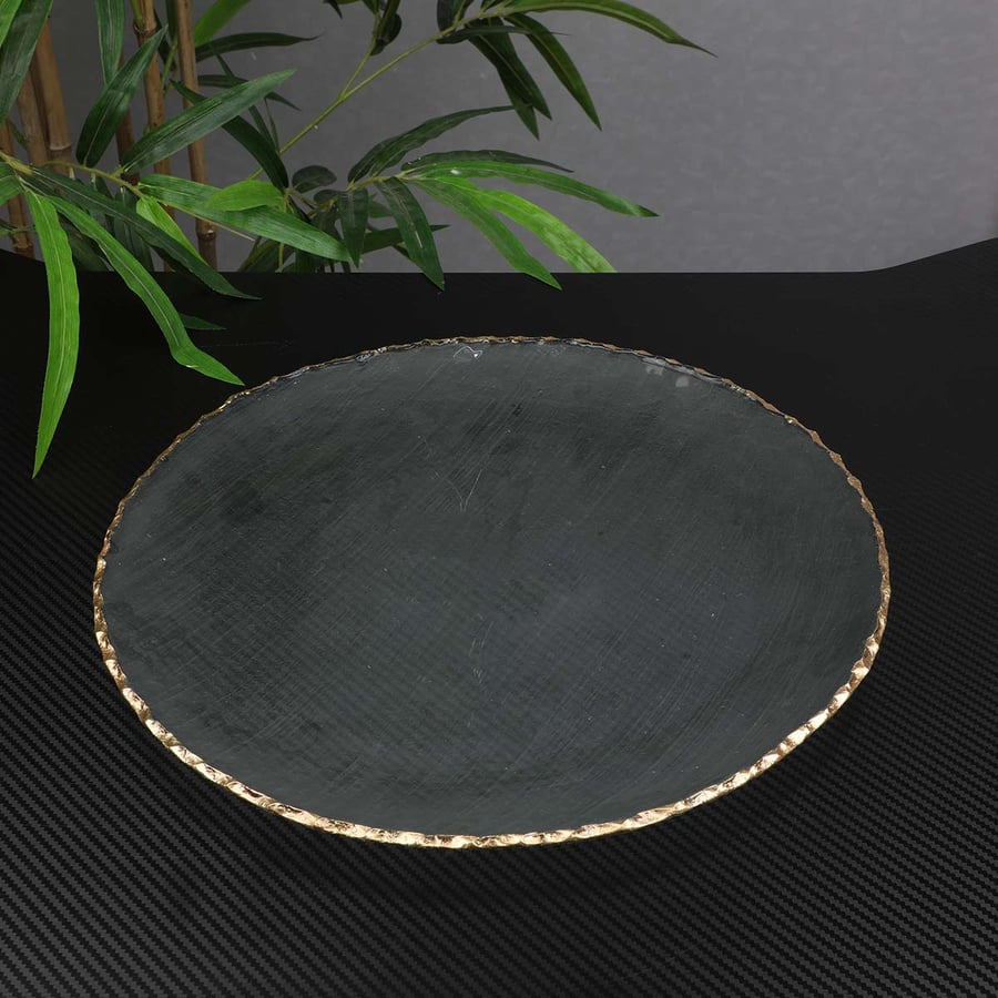 Round glass serving tray with gold edges, 34 cm size