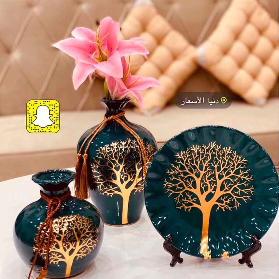 طقم مزهريات سيراميك مع صحن مزخرف 3 قطع