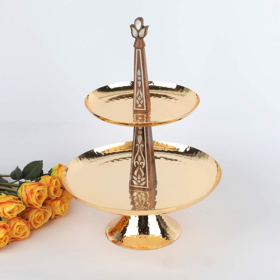 Golden Halva stand with wooden column, 2 tiers, height 37 cm