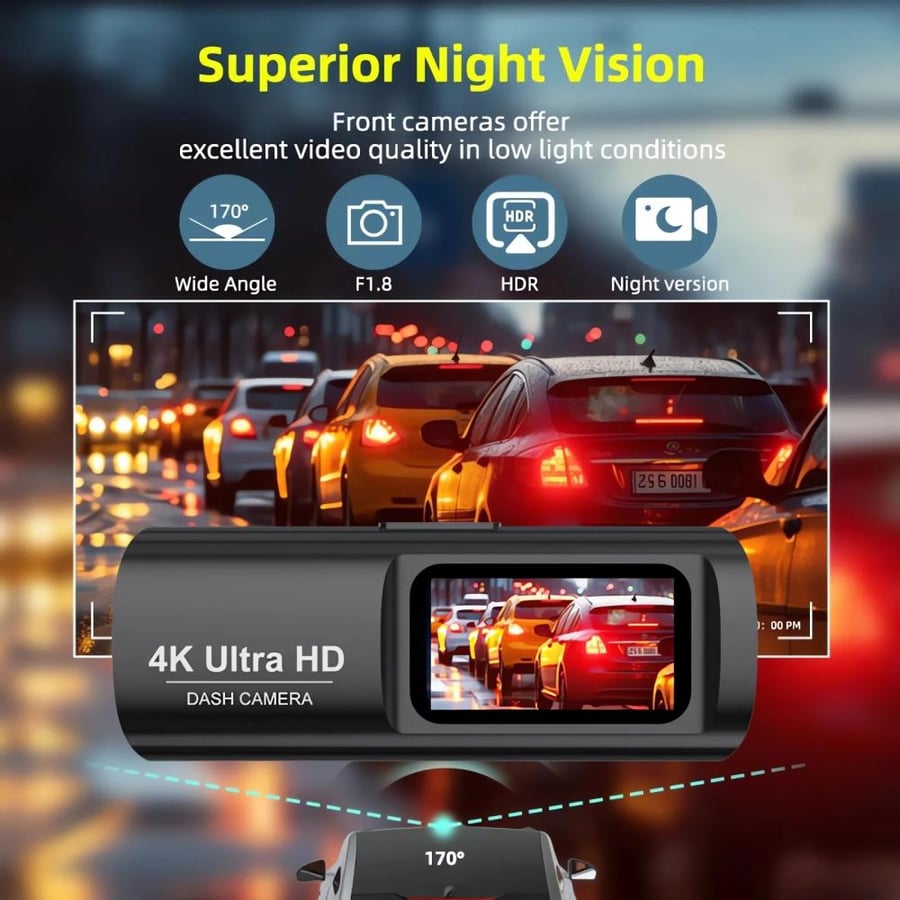 داش كام سيارة 4K أمامية وخلفية مع GPS وWi-Fi ورؤية ليلية