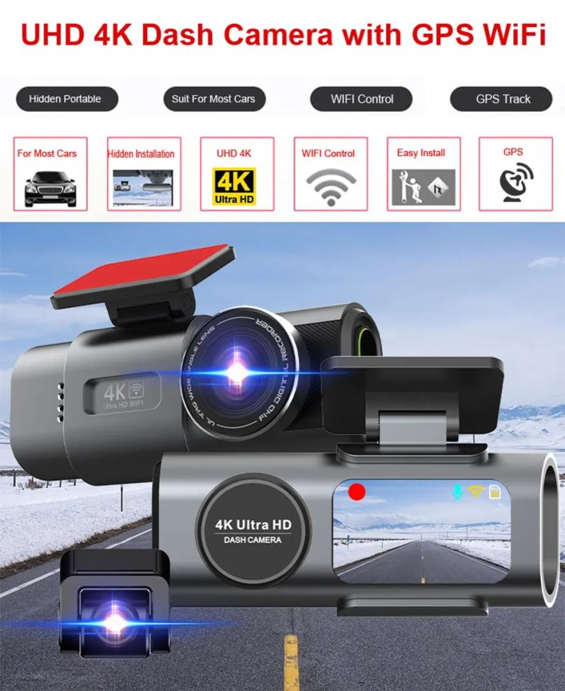 داش كام سيارة 4K UHD مع Wi-Fi وGPS ورؤية ليلية وتسجيل 24 ساعة