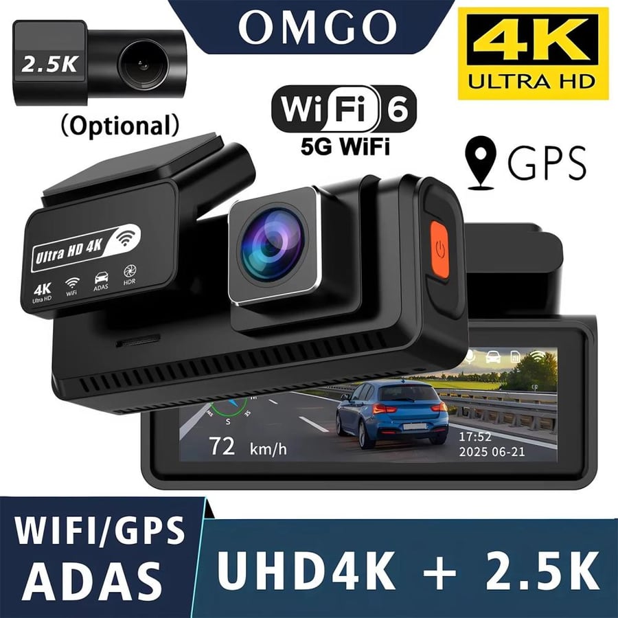 داش كام سيارة 4K أمامية و2.5K خلفية مع GPS وWi-Fi وADAS