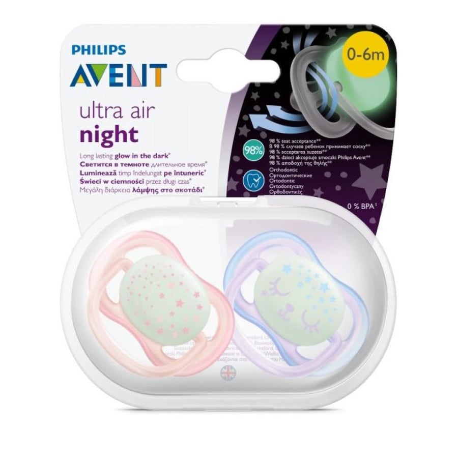 Philips Avent, Baby Pacifier, 0-6 Months, Night - 2 Pieces