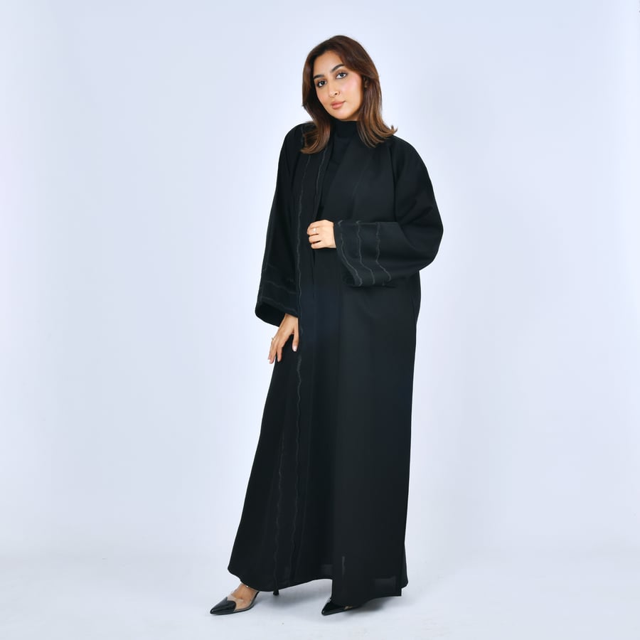 Black satin abaya with wavy embroidery