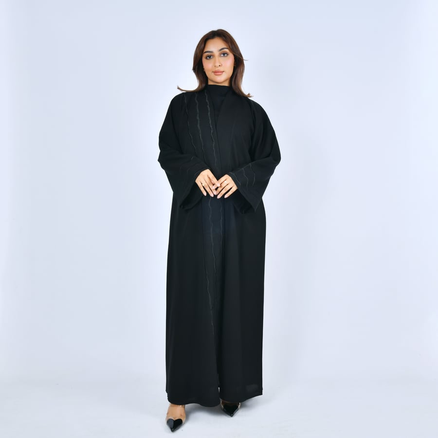 Black satin abaya with wavy embroidery