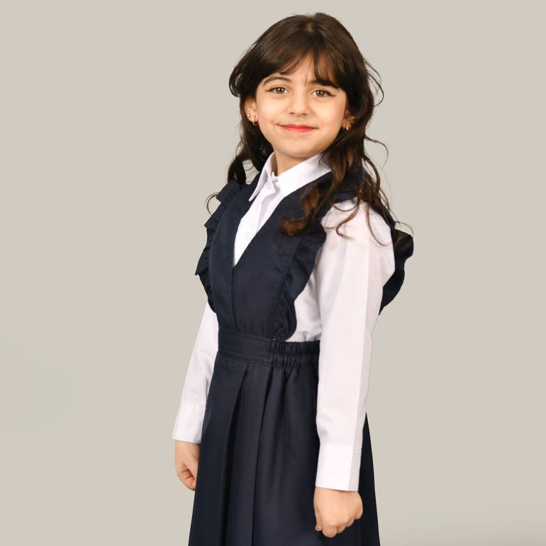 Kindergarten apron navy blue with ruffle and gathered waist and side slits