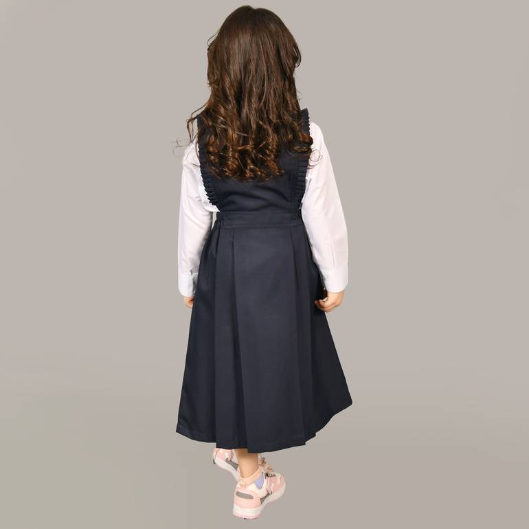 Kindergarten apron navy blue with ruffle and gathered waist and side slits