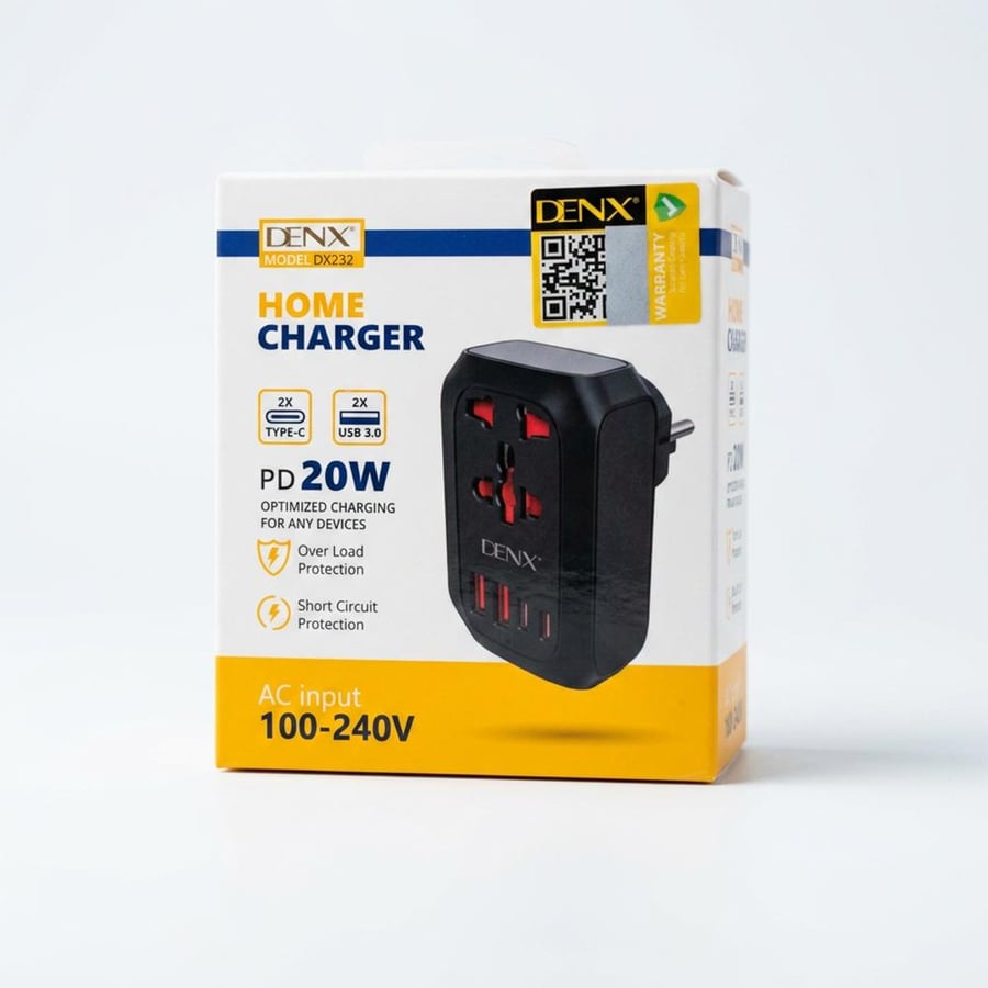 شاحن كل منزل متعدد المداخل (2 مدخل Type -C + مدخلين USB + مدخل فيشة ) بسرعة 20 W سعر الجملة