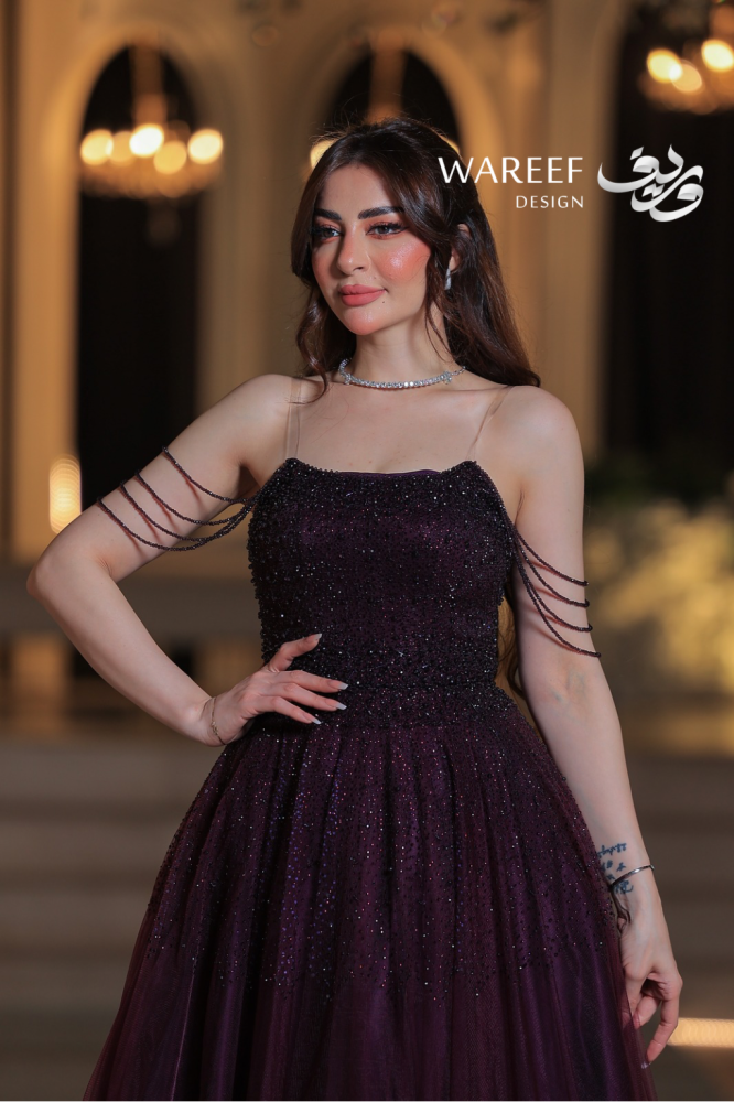 فستان سهرة بنفسجي داكن أوف شولدر أكمام منفصلة مرصعة بالخرز