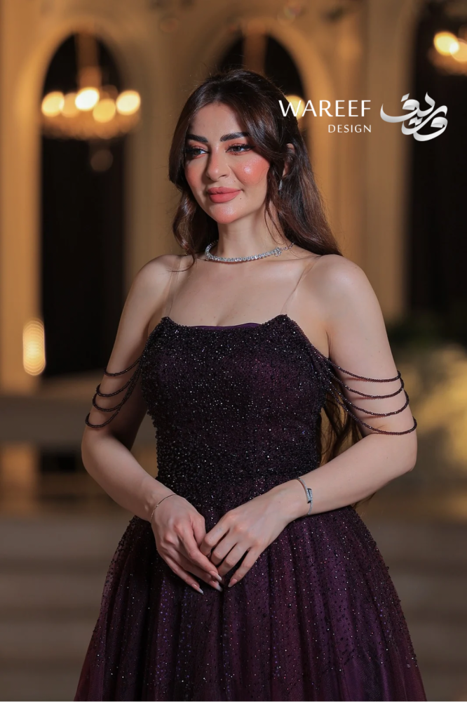 فستان سهرة بنفسجي داكن أوف شولدر أكمام منفصلة مرصعة بالخرز