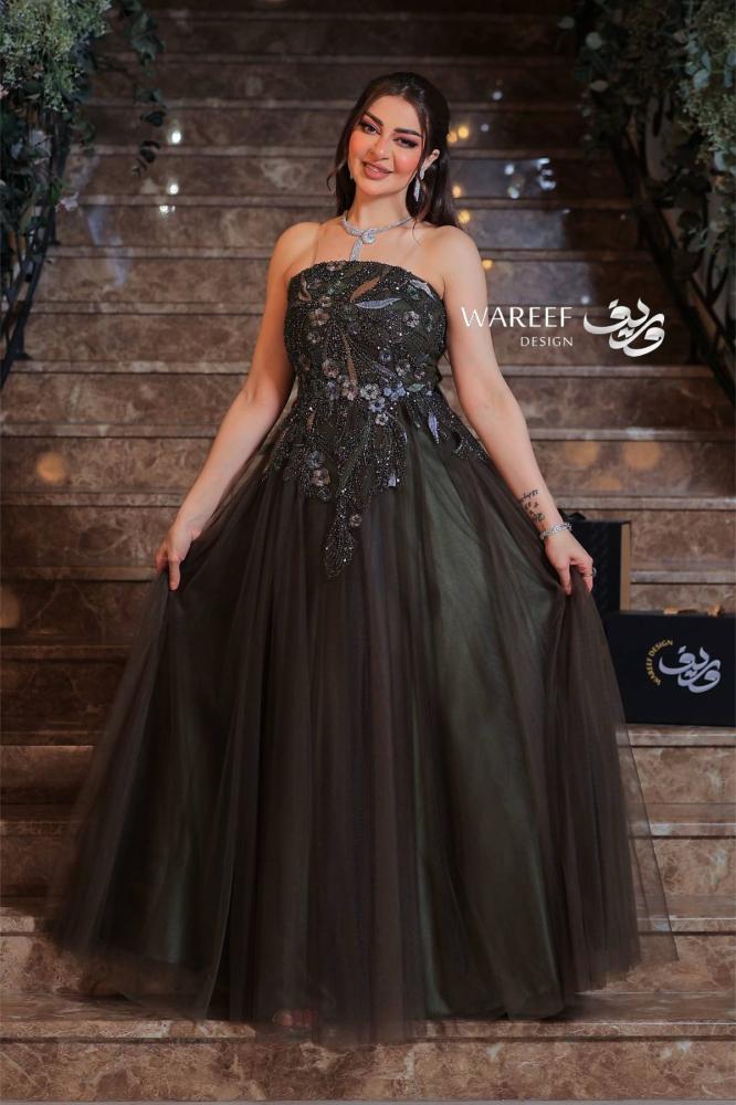 فستان سهرة زيتي بتطريز مشجر فخم – تصميم A-Line أنيق