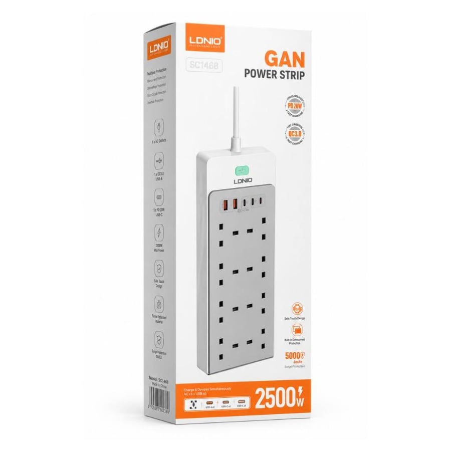 توصيلة كهرباء LDNIO SK3412 بقوة 2500 واط، 8 مقابس، شحن سريع GaN وUSB-C
