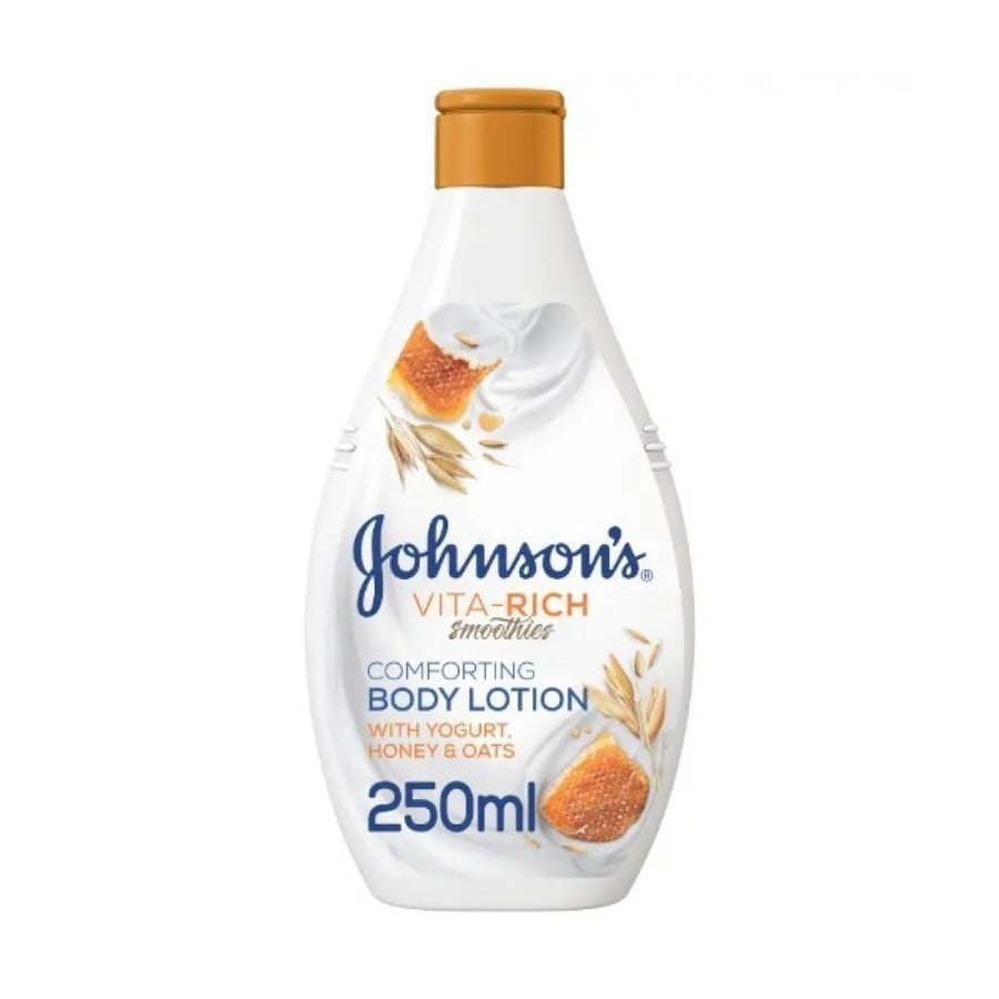 جونسون لوشن جسم 250 مل فيتا ريش اللبن والعسل والشوفان.  Johnson’s Vita-Rich Smoothies Comforting Body Lotion, With Yogurt, Honey & Oats, Non-Greasy,