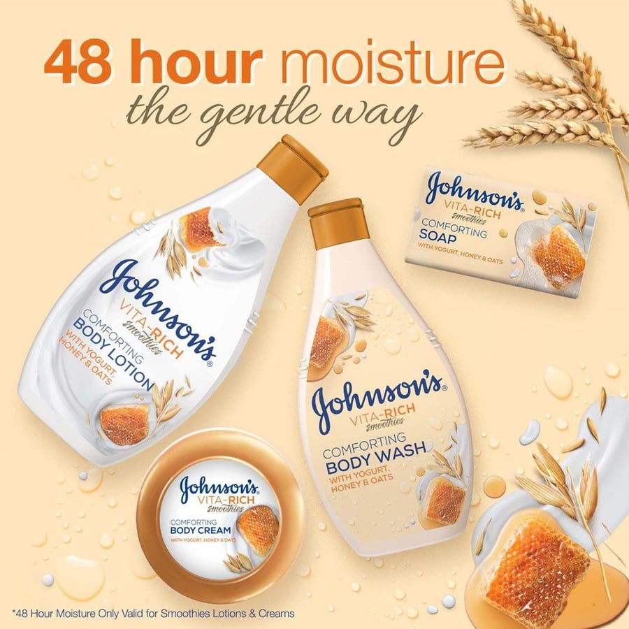 جونسون لوشن جسم 250 مل فيتا ريش اللبن والعسل والشوفان.  Johnson’s Vita-Rich Smoothies Comforting Body Lotion, With Yogurt, Honey & Oats, Non-Greasy,