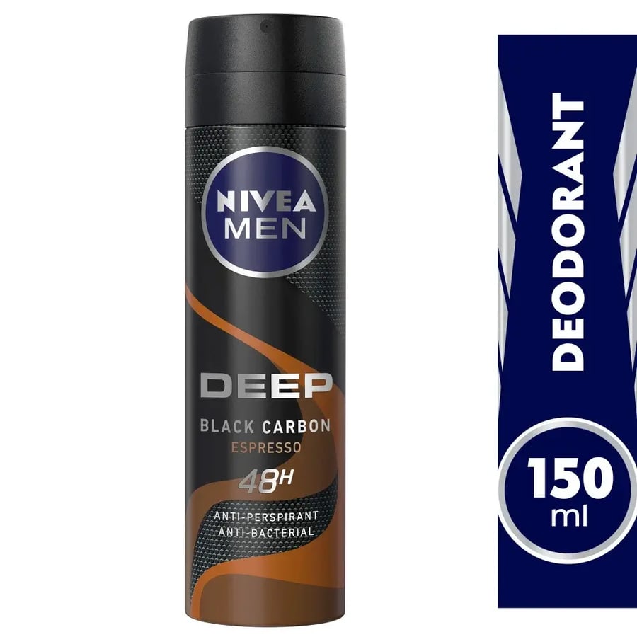 نيڤيا للرجال بخاخ مزيل العرق ديب داركوود 72 ساعة كربون أسود للرجال 150 مل	NIVEA Men Deep Darkwood 72h Black Carbon Deodorant Spray 150ml