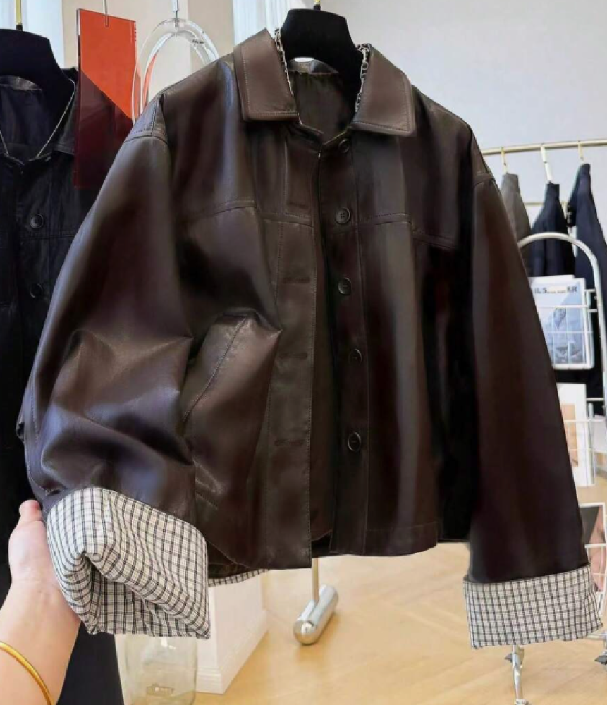 Casual loose jacket made of synthetic leather with a colorful square design