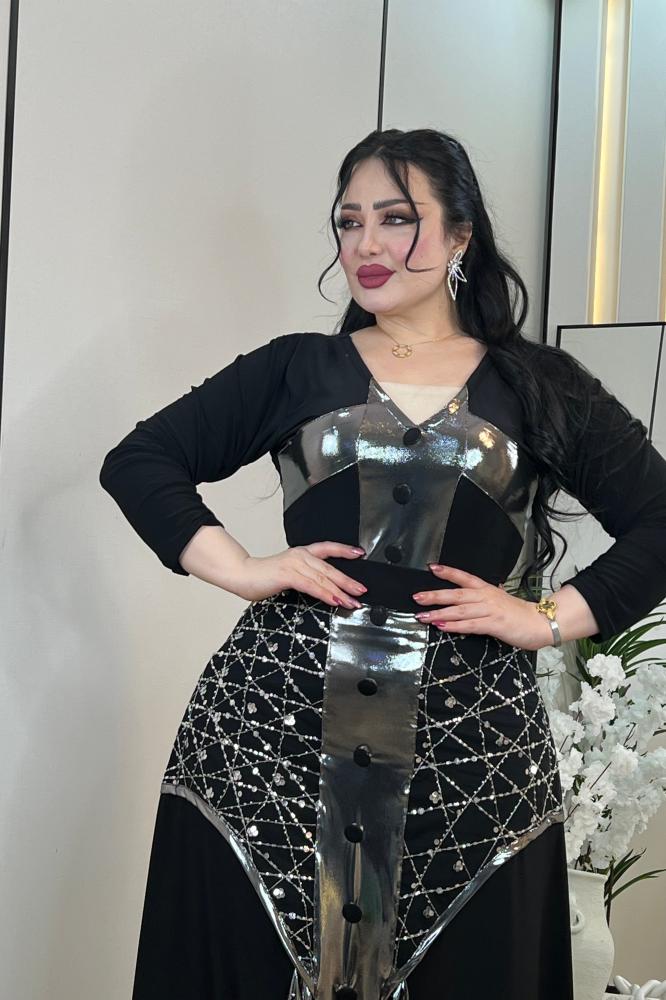 فستان استرتش كريب مع شك واقماش لمعه
