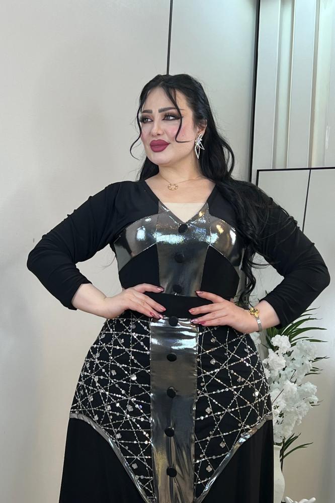 فستان استرتش كريب مع شك واقماش لمعه
